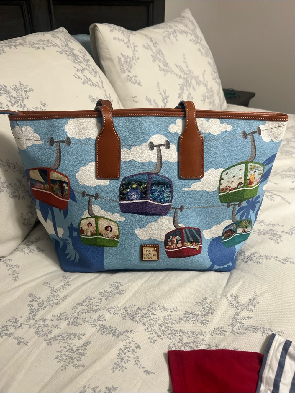 Dooney & Bourke Sky Blue Cable Car Print Tote with Brown Leather Trim